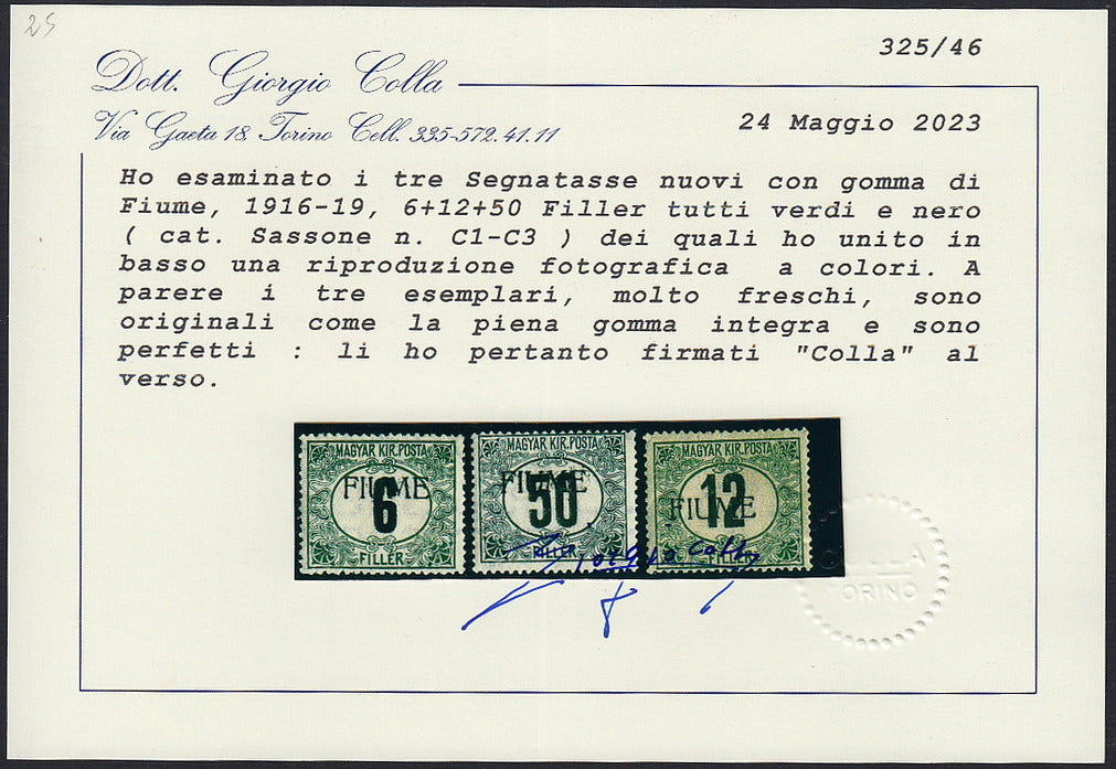 Fiume427 - Black and green Hungarian tax postmarks, "C" watermark, FIUME machine overprint, series of three issued values, new with intact gum (C1/C3)