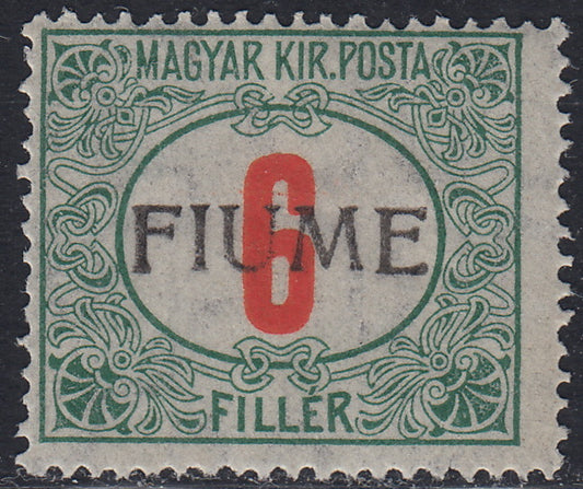 Fiume429 - Hungarian tax postmarks 6 green and red fillers, FIUME hand overprint of the new type IV with intact gum (7/IV)