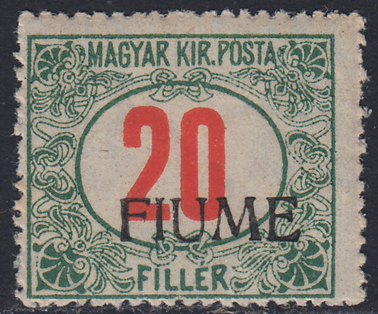 Fiume432 - Hungarian tax postmarks 20 green and red fillers, FIUME hand overprint of the new type II with intact gum (11/II)