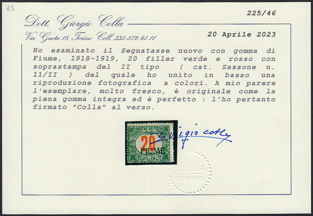 Fiume432 - Hungarian tax postmarks 20 green and red fillers, FIUME hand overprint of the new type II with intact gum (11/II)