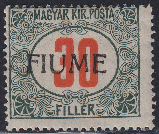 Fiume433 - Hungarian tax postmarks 30 green and red fillers, FIUME hand overprint of the IV type, "M" variety cut off, new with intact gum (12/IVh)