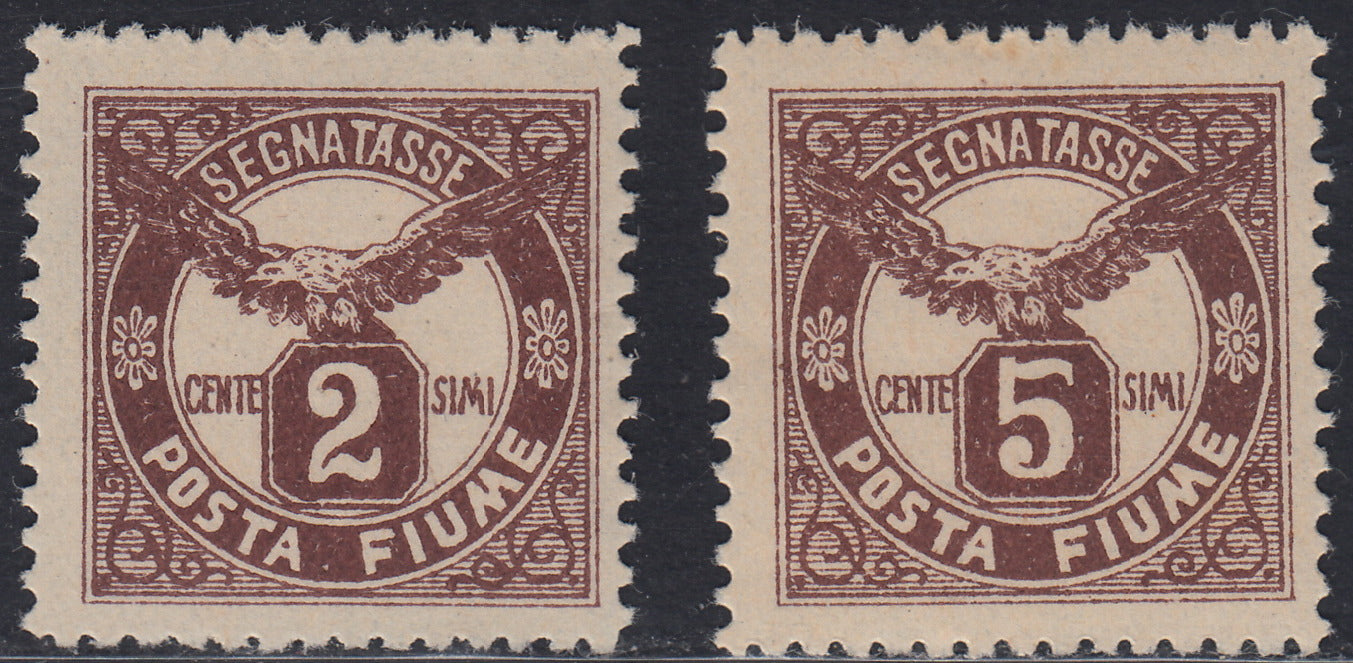 Fiume434 - 1919 - Segnatasse Aquila, 2c. bruno e 5c. bruno nuovi con gomma oriignale (13, 14)