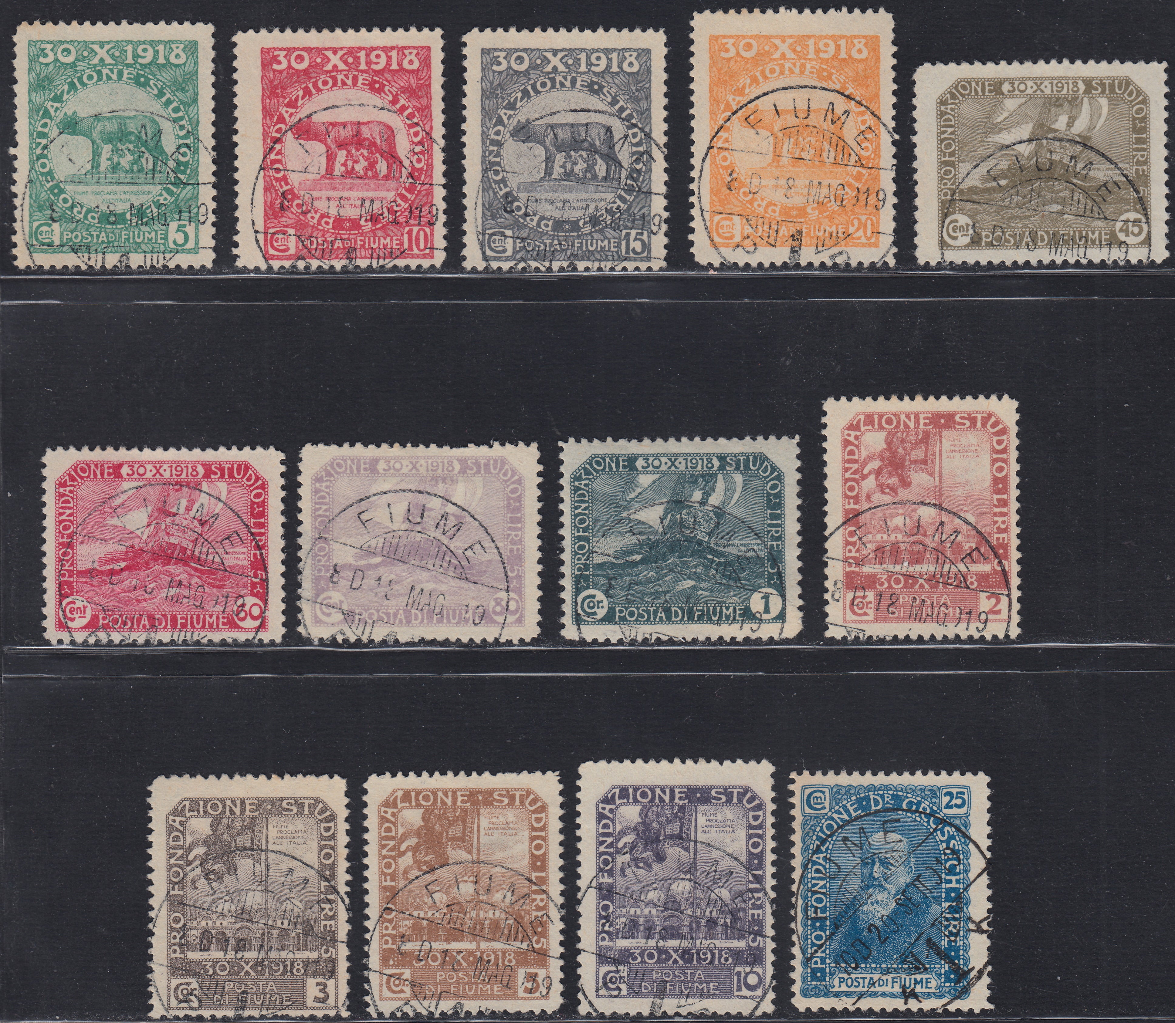 Fiume450 - 1919 - Pro Fondazione Studio, serie completa di 12 valori usata con annulli originali (62/74)