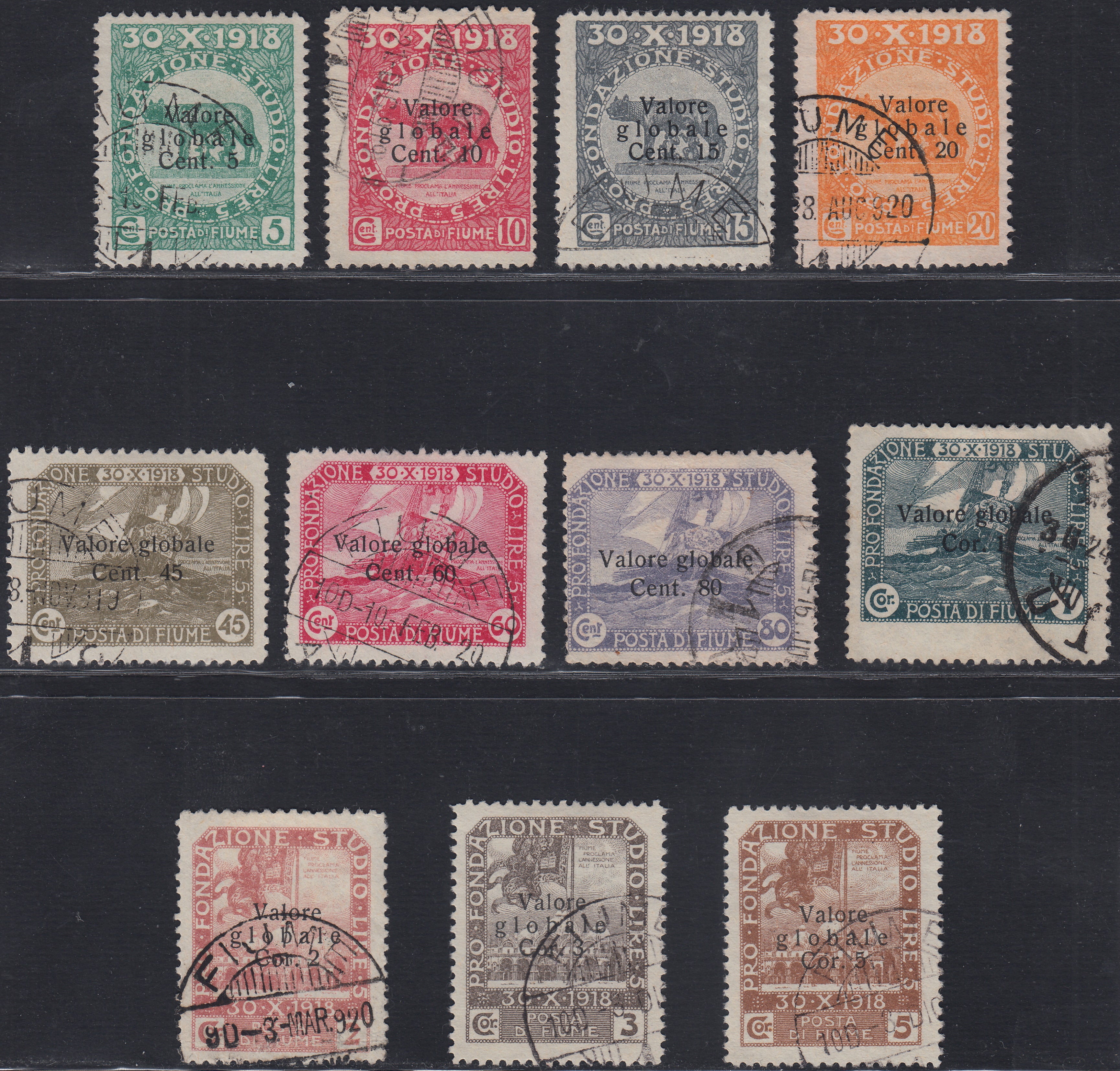 Fiume458 - 1919 - Pro Fondazione Studio, serie soprastampata "Valore Globale" in caratteri sottili usata con annulli originali (88/98)