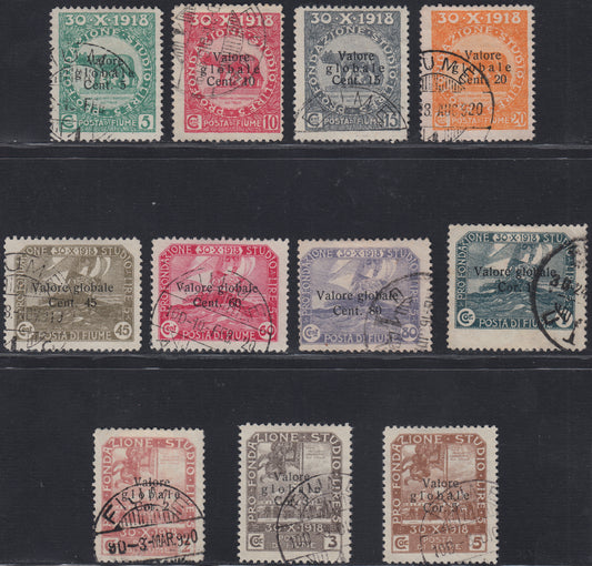 Fiume458 - 1919 - Pro Fondazione Studio, serie soprastampata "Valore Globale" in caratteri sottili usata con annulli originali (88/98)