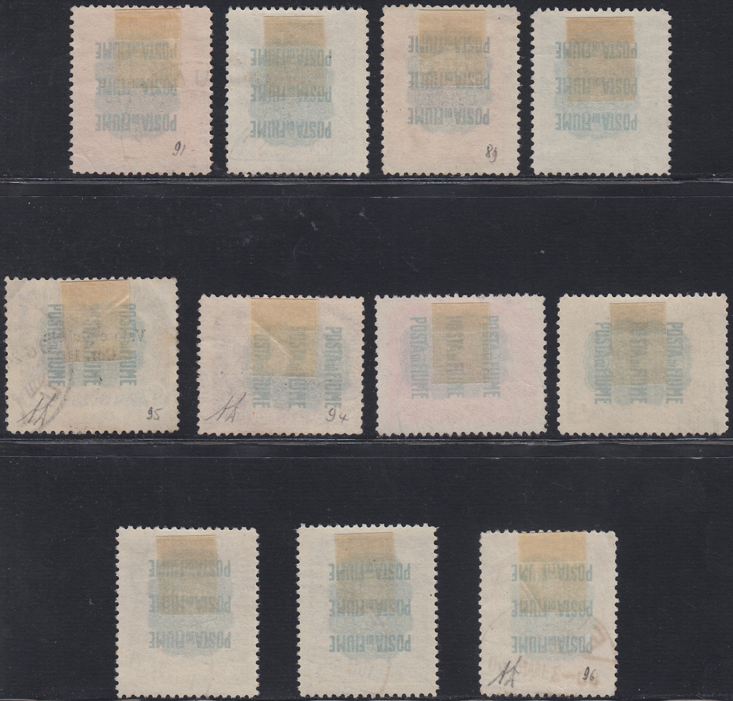 Fiume458 - 1919 - Pro Fondazione Studio, serie soprastampata "Valore Globale" in caratteri sottili usata con annulli originali (88/98)