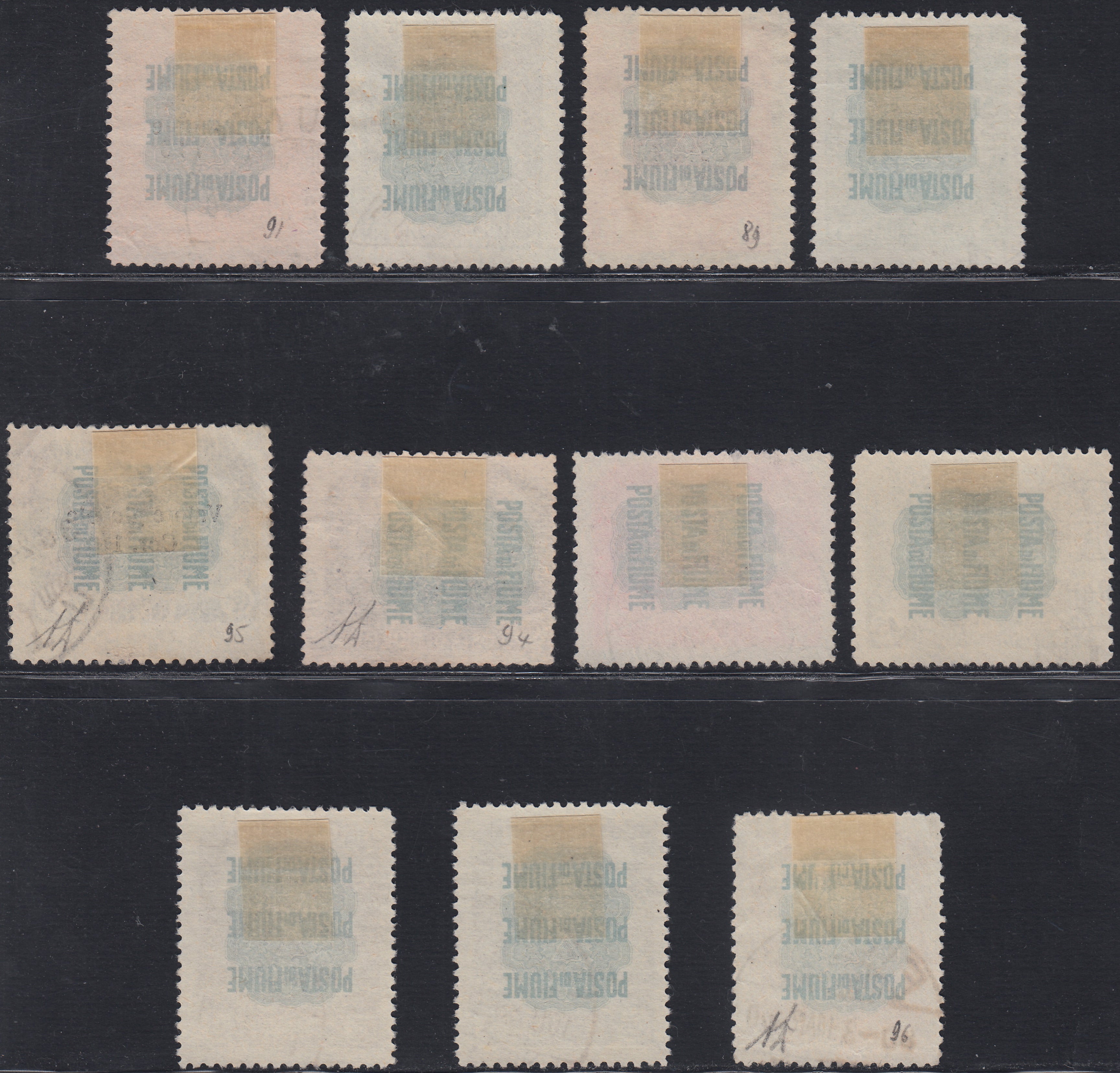 Fiume458 - 1919 - Pro Fondazione Studio, serie soprastampata "Valore Globale" in caratteri sottili usata con annulli originali (88/98)