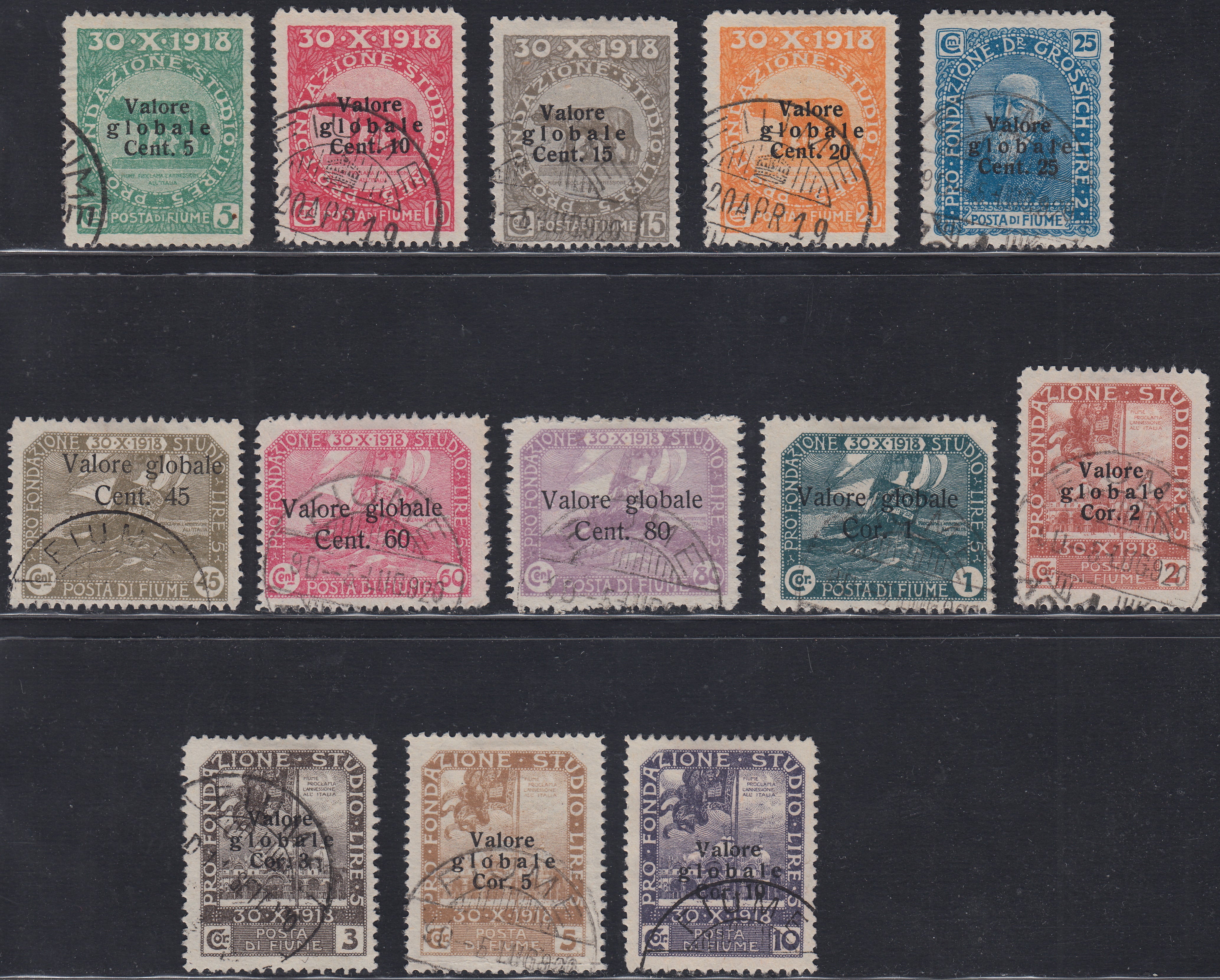 Fiume459 - 1920 - Pro Fondazione Studio, serie soprastampata "Valore Globale" in caratteri piccoli neretto o grandi sottili usata con annulli originali (99/111)