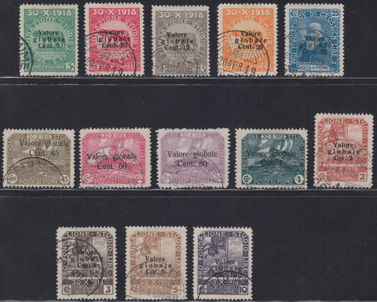 Fiume459 - 1920 - Pro Fondazione Studio, serie soprastampata "Valore Globale" in caratteri piccoli neretto o grandi sottili usata con annulli originali (99/111)