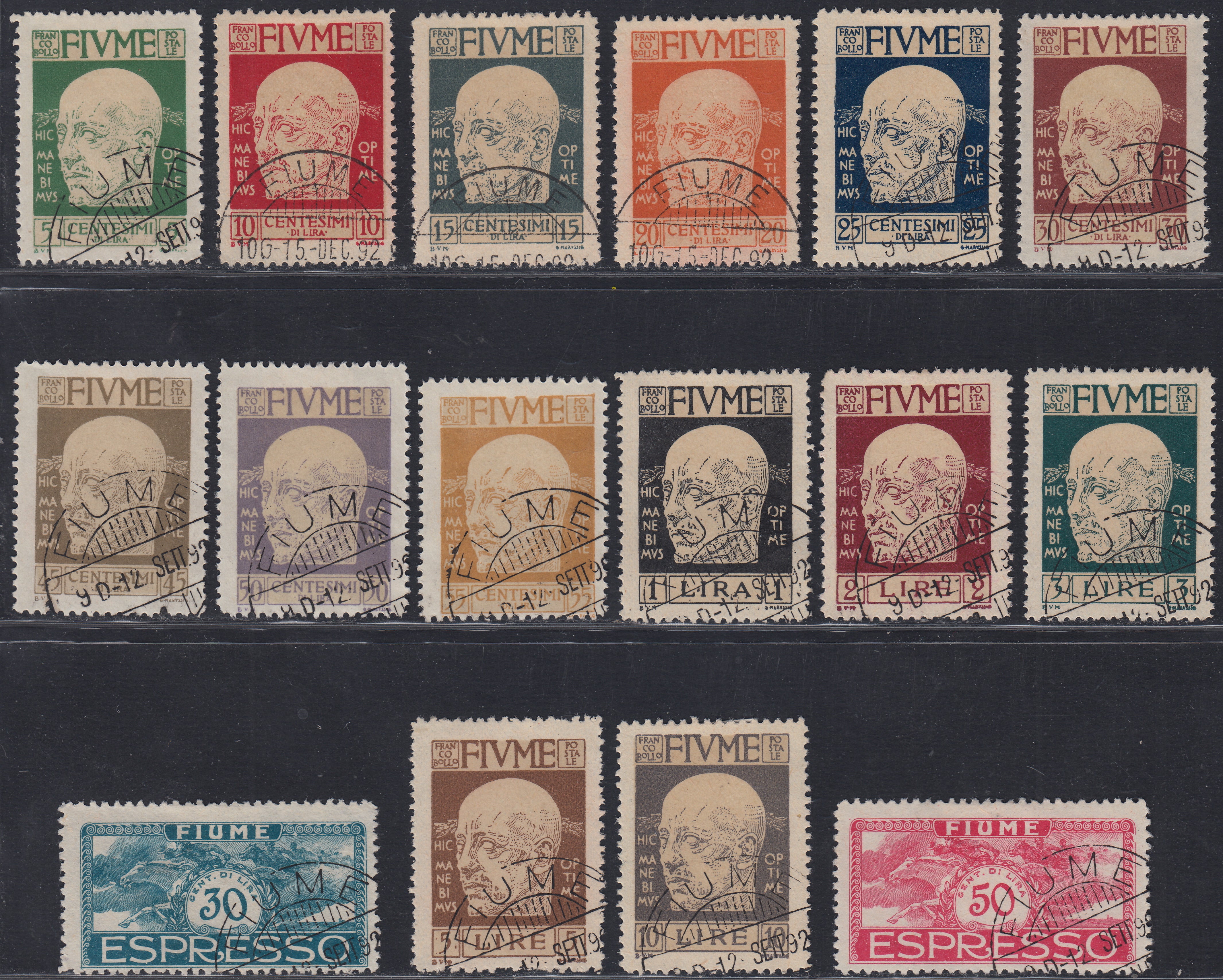 Fiume461 - 1920 - Effigie di d'Annunzio e Cavalieri, serie di 14 valori + 2 espressi usata (113/126 + E1/2)