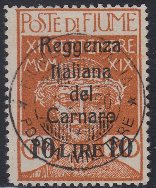Fiume465 - 1920 - Legionaries of Fiume with overprint Italian Regency of Carnaro L. 10 on 20c. ocher with close-up numbers used (146A)