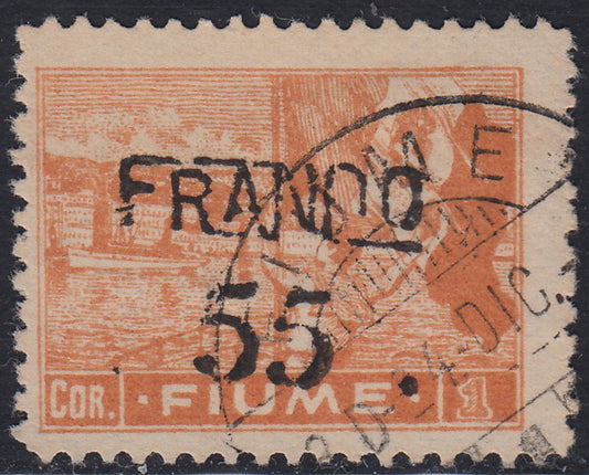 Fiume479 - 1919 - Plebiscite overprinted by hand with new value, c. 55 on 1 aranium crown, used type "A" paper (A83).