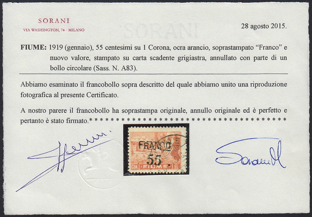 Fiume479 - 1919 - Plebiscite overprinted by hand with new value, c. 55 on 1 aranium crown, used type "A" paper (A83).