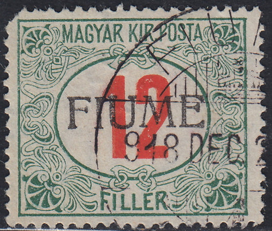 Fiume480 - 1918 - Segnatasse d'Ungheria 12 filler verde e rosso con soprastampa FIUME a mano del II tipo usato (9/II)