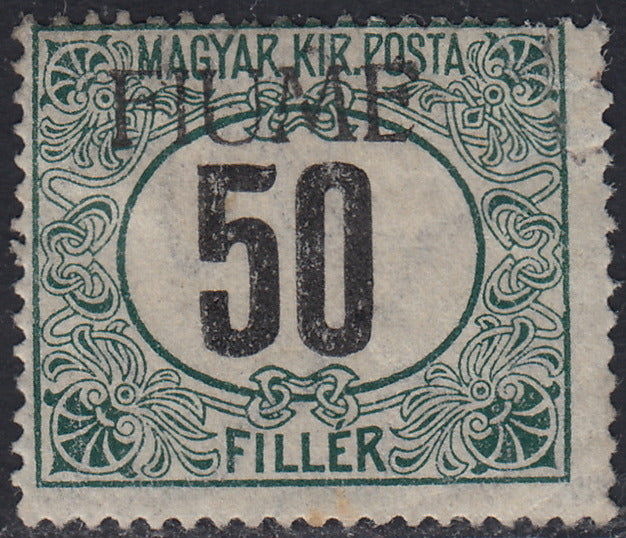 Fiume482 - 1918 - Segnatasse d'Ungheria 50 filler nero e verde filigrana C con soprastampa FIUME a mano del I tipo fortemente spostata in alto (C3/Ia)