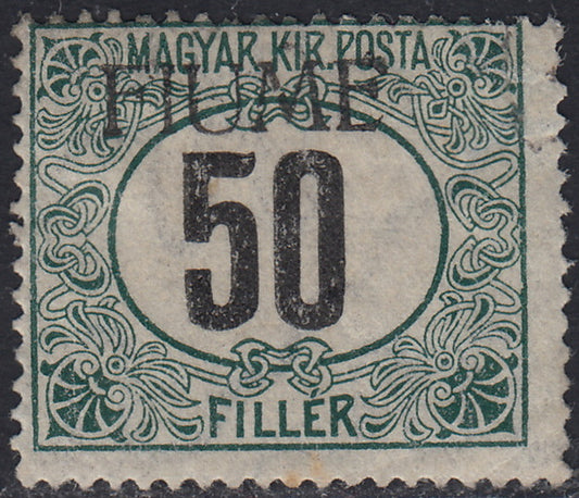 Fiume482 - 1918 - Segnatasse d'Ungheria 50 filler nero e verde filigrana C con soprastampa FIUME a mano del I tipo fortemente spostata in alto (C3/Ia)