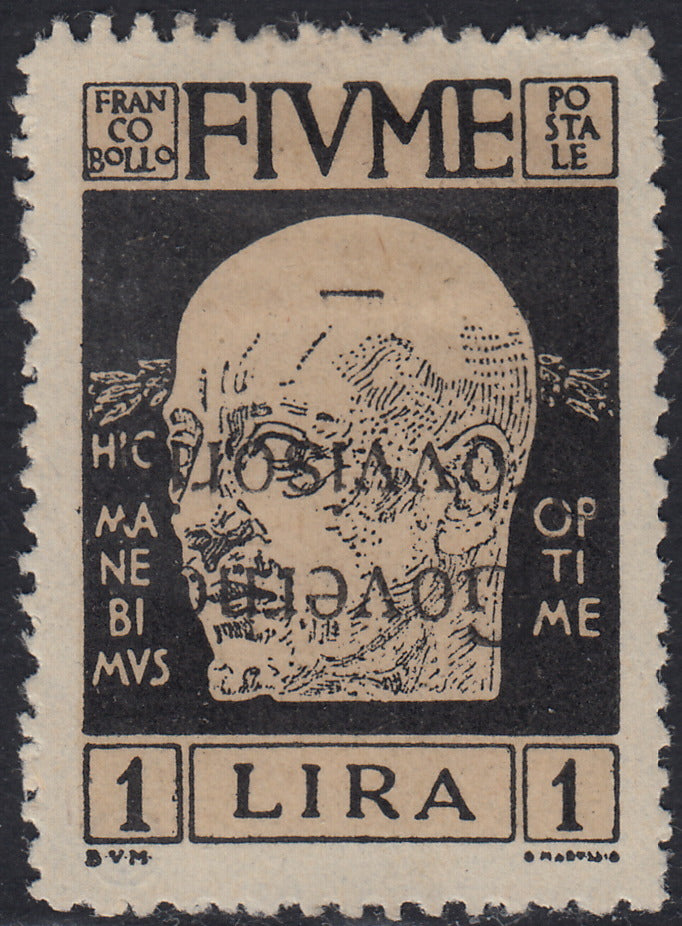 Fiume523 - 1921 - Effigie di Gabriele d'Annunzio L. 1  nero con soprastampa capovolta "Governo Provvisorio" nuovo con gomma originale (158a)