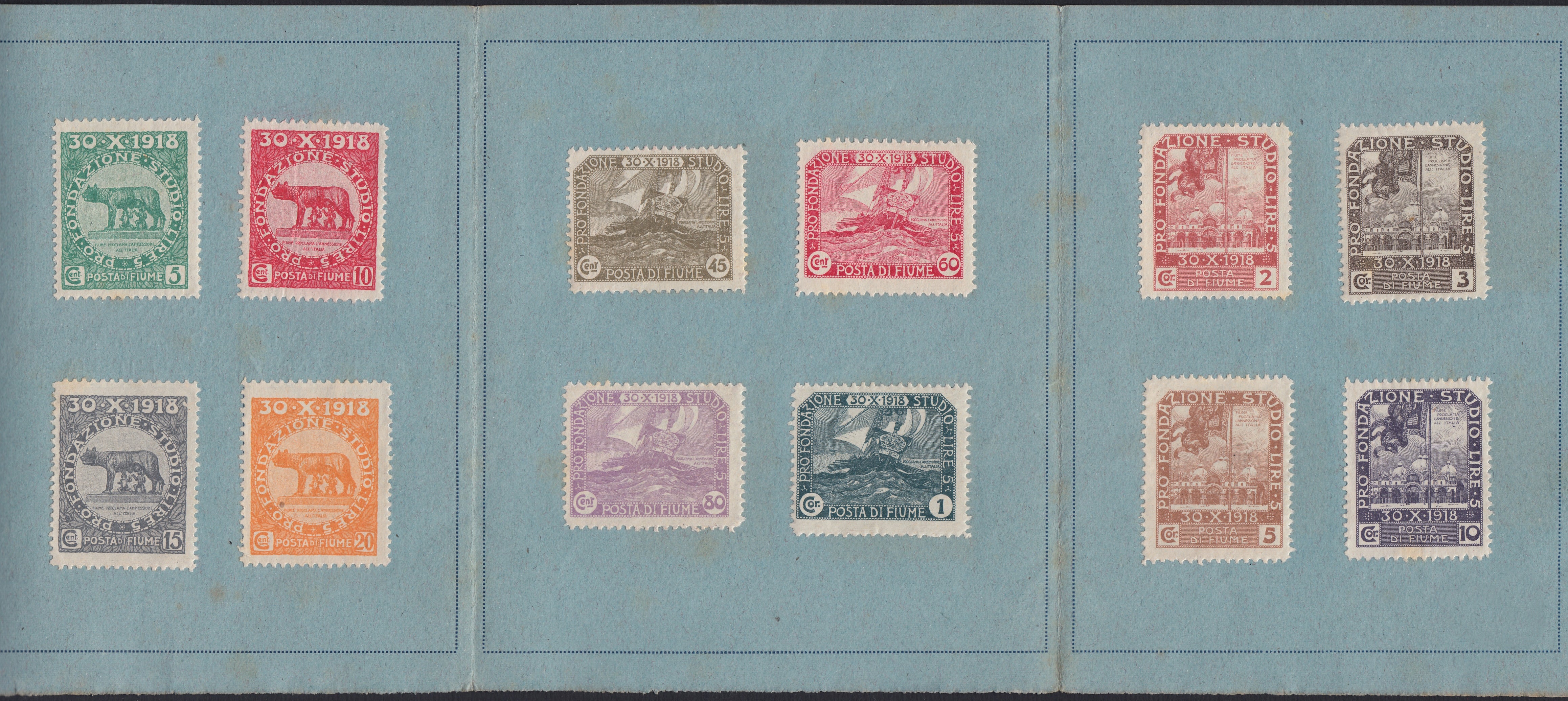 Fiume527 - 1919 - Plebiscito di annessione, serie Pro Fondazione Studio applicata su cartoncino commemorativo nuova senza gomma (62/73)