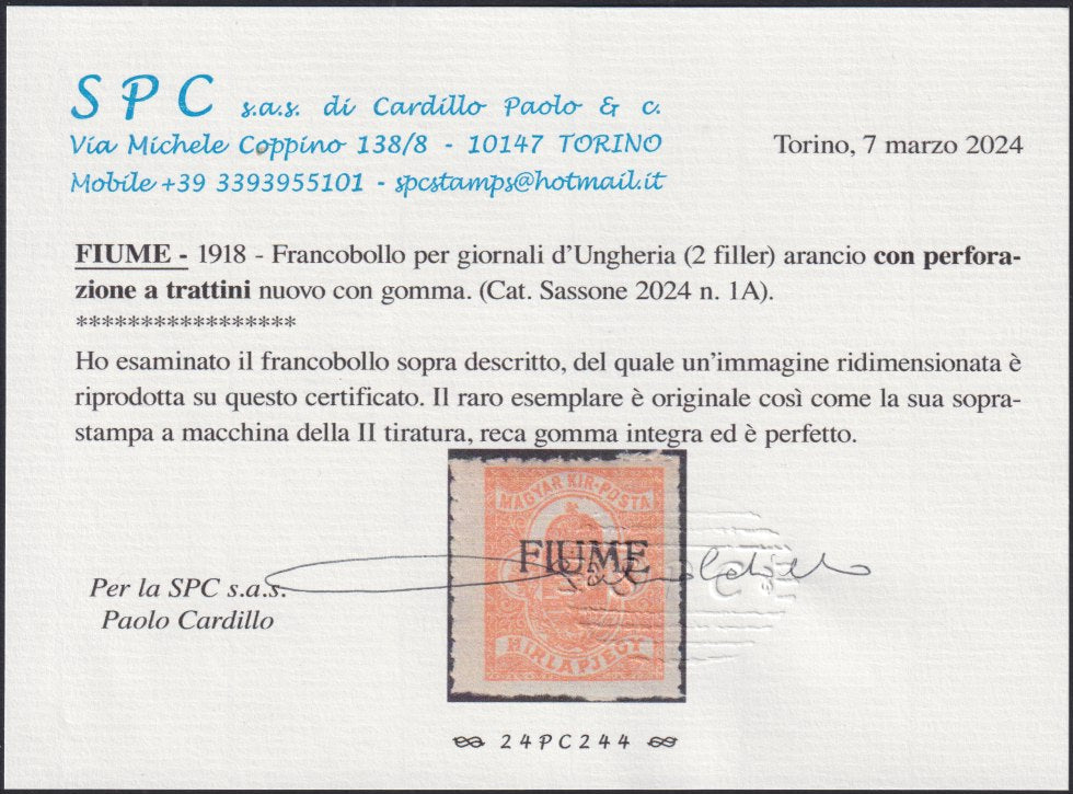 ZZ760 - Hungarian stamp from the Reapers series, 6 blue-green fillers with FUME (instead of FIUME) overprint, new (7d)