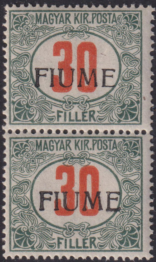 Fiume58 - 1918 - Hungarian tax postmarks 30 green and red fillers with FIUME hand overprint of the IV type, new vertical pair with rubber (12/IVh).