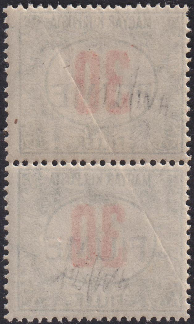 Fiume58 - 1918 - Hungarian tax postmarks 30 green and red fillers with FIUME hand overprint of the IV type, new vertical pair with rubber (12/IVh).