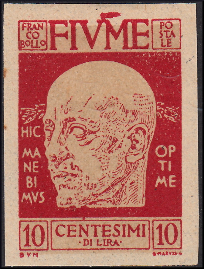 Fiume5 - 1920 - Effigie di Gabriele d'Annunzio c. 10 carminio NON dentellato e con spazio tipografico in alto sopra la M di FIUME (114k)
