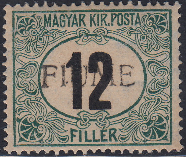 Fiume623 - 1918 - Segnatasse di Ungheria 12 filler verde e nero filigrana tipo "A" con soprastampa a mano del II tipo nuovo con gomma integra (A2/II)