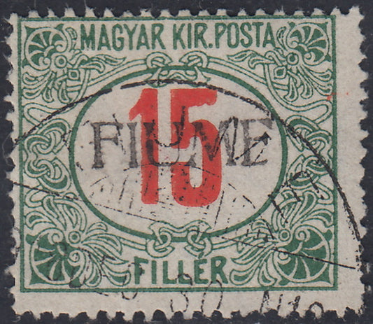 Fiume624 - 1918 - Segnatasse di Ungheria 15 filler verde e rosso con soprastampa a mano del I tipo usato (10/I)