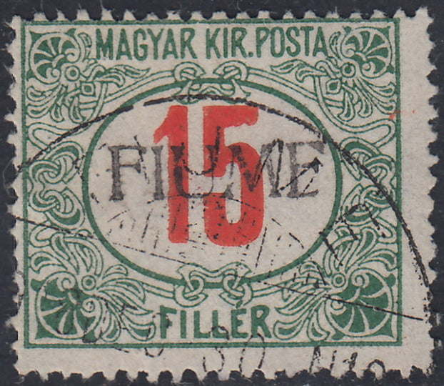 Fiume624 - 1918 - Segnatasse di Ungheria 15 filler verde e rosso con soprastampa a mano del I tipo usato (10/I)