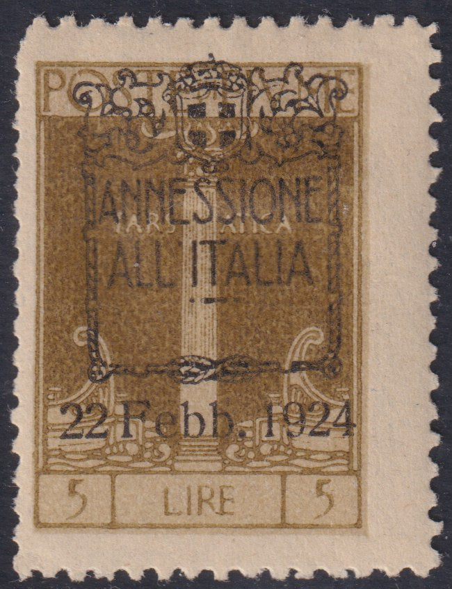 Fiume636 - 1924 - San Vito e Soggetti vari, soprastampa ANNESSIONE ALL'ITALIA, Colore diverso, L. 5 bistro oliva nuovo con gomma (225A)