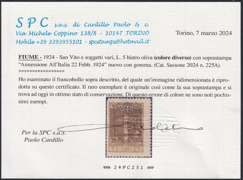 Fiume636 - 1924 - San Vito e Soggetti vari, soprastampa ANNESSIONE ALL'ITALIA, Colore diverso, L. 5 bistro oliva nuovo con gomma (225A)