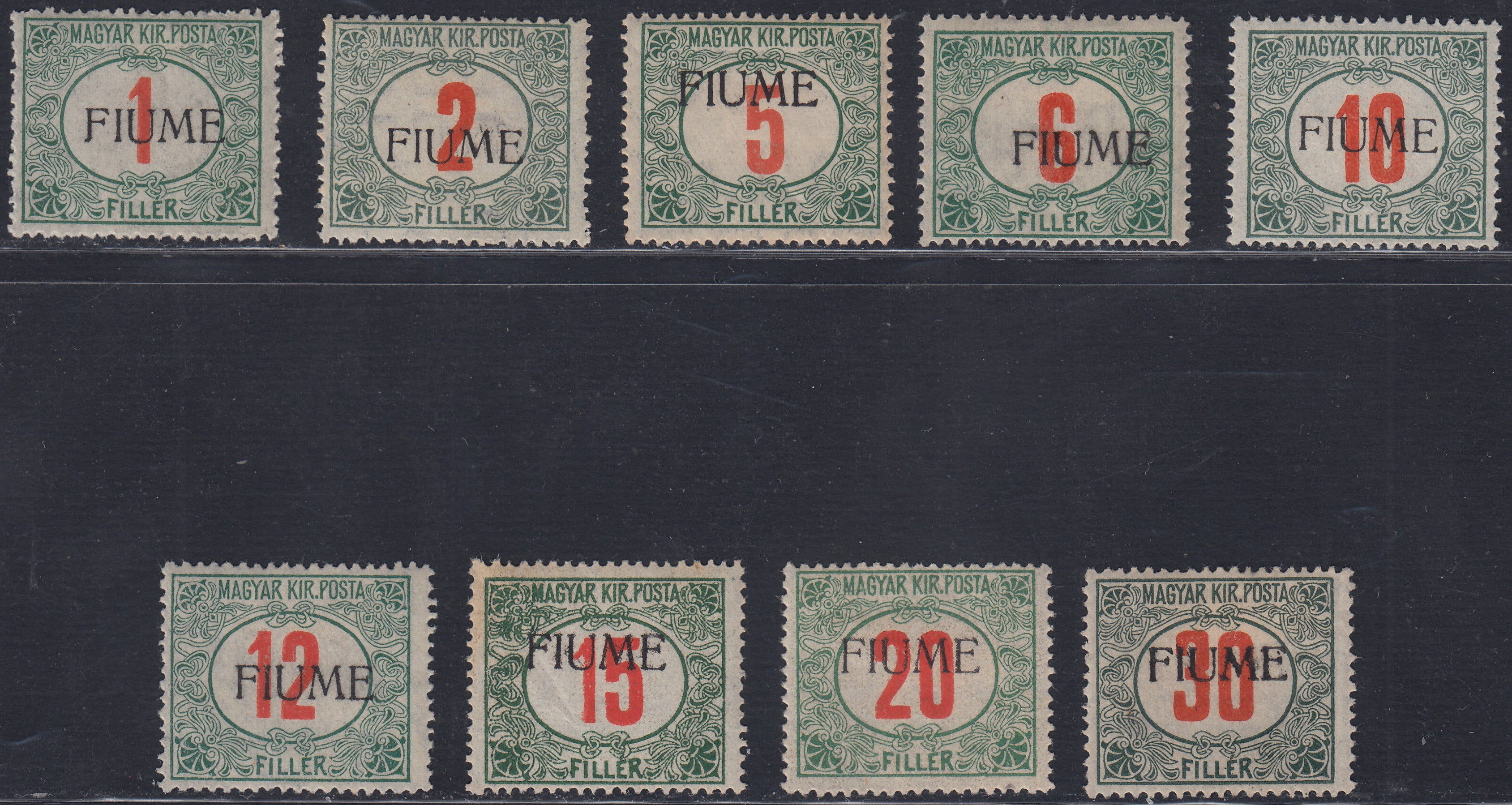 Fiume637 - 1918 - Segnatasse di Ungheria soprastampate FIUME a macchina, serie completa dei nove esemplari verdi e rossi nuove con gomma originale (4/12)