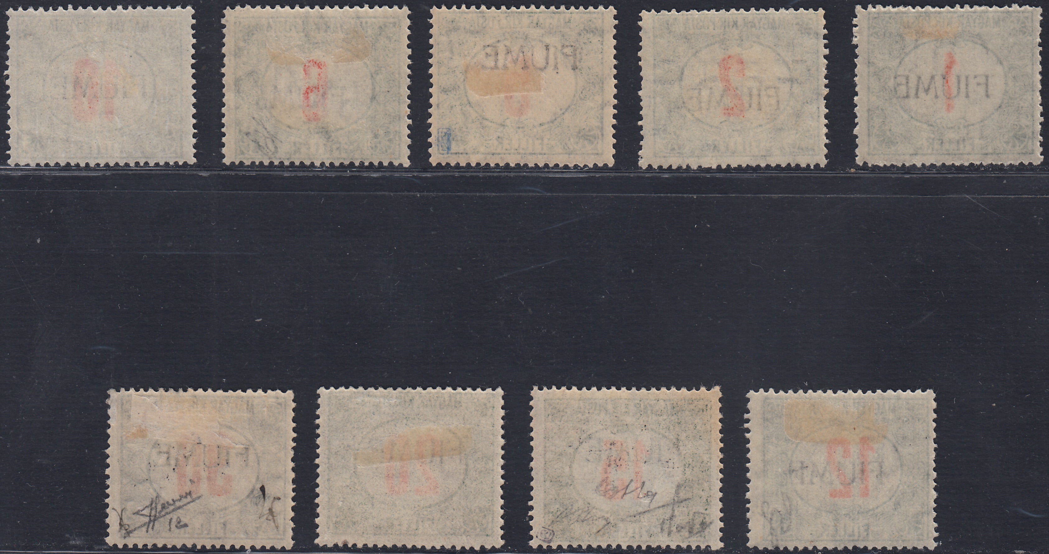 Fiume637 - 1918 - Segnatasse di Ungheria soprastampate FIUME a macchina, serie completa dei nove esemplari verdi e rossi nuove con gomma originale (4/12)