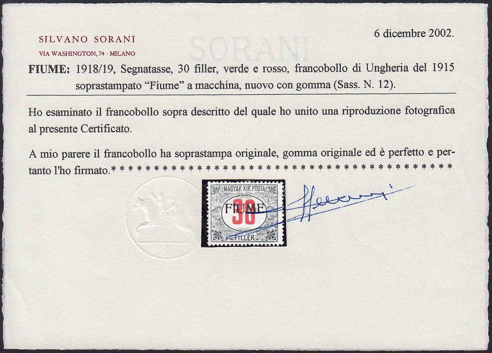 Fiume637 - 1918 - Segnatasse di Ungheria soprastampate FIUME a macchina, serie completa dei nove esemplari verdi e rossi nuove con gomma originale (4/12)