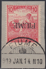 Fiume638 - 1918 - MIetitori 10 filler carminio cifre rosse soprastampa capovolta usato su frammento (8aac)