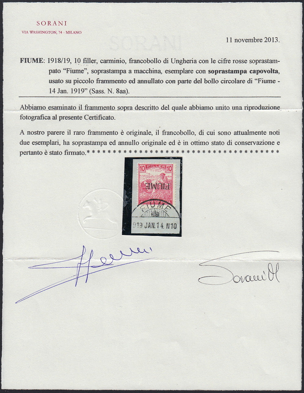 Fiume638 - 1918 - MIetitori 10 filler carminio cifre rosse soprastampa capovolta usato su frammento (8aac)