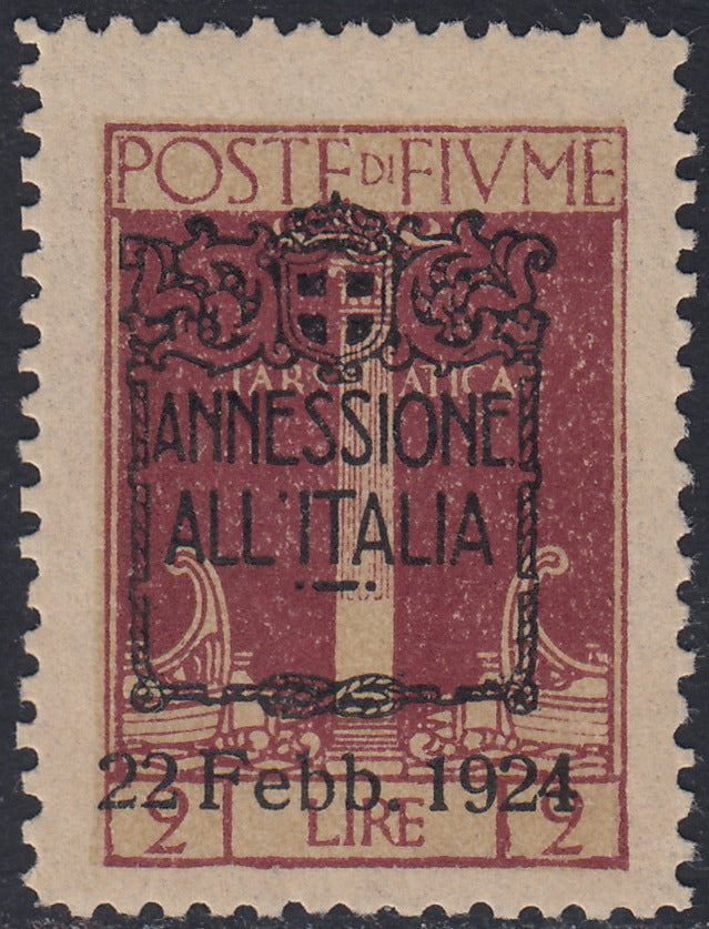 Fiume640 - 1924 - San Vito e Soggetti Vari soprastampa ANNESSIONE ALL'ITALIA, L. 2 bruno carminio  nuovo gomma originale (223a)