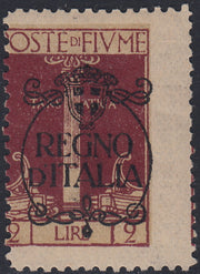 Fiume265 - 1920 - Sello de la serie Legionarios sobreimpreso por la Regencia italiana de Carnaro, L.10 sobre c.20 ocre con números en primer plano, nuevo sin goma (146A).