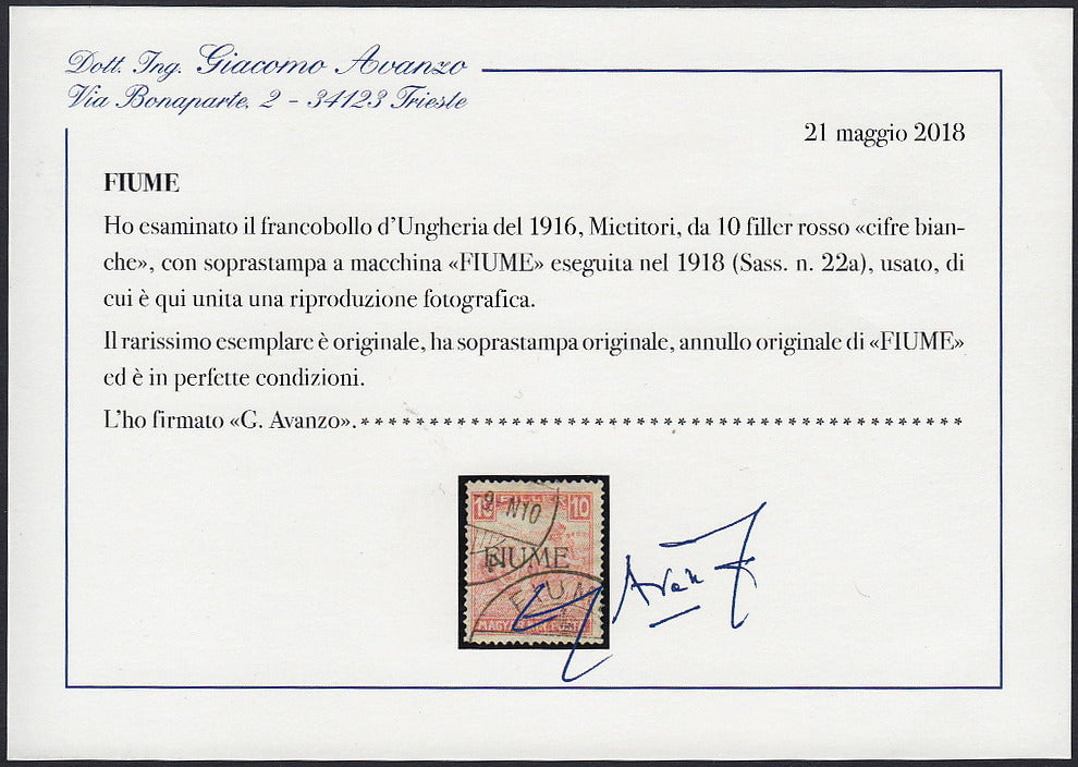 Fiume653 - 1918 - Mietitori di Ungheria, 10 filler rosso "cifre bianche" soprastampato FIUME a macchina usato (22a)