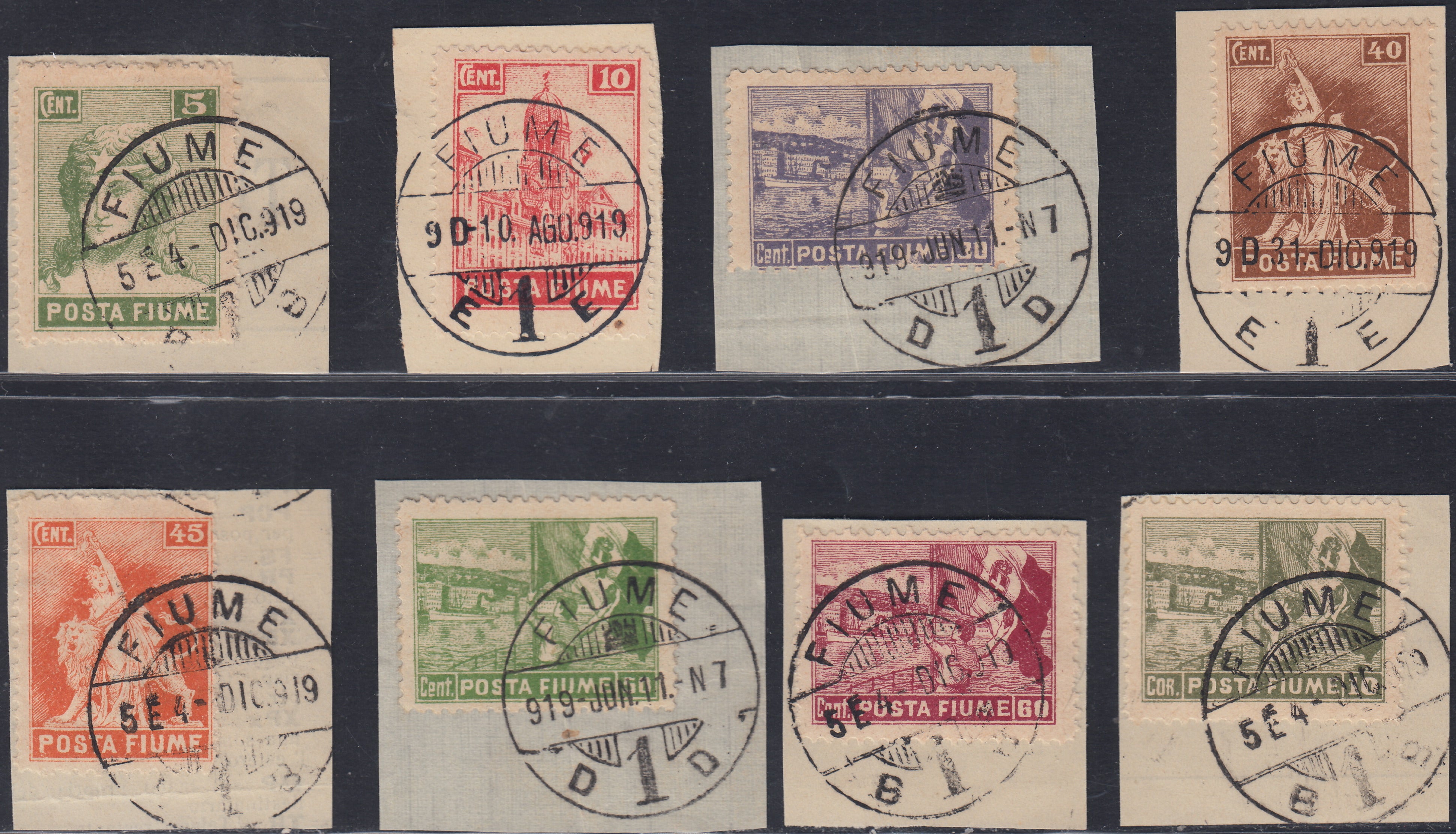 Fiume659 - 1919 - Allegorie, serie completa con tassello "Posta Fiume" usata su frammento (49/56)
