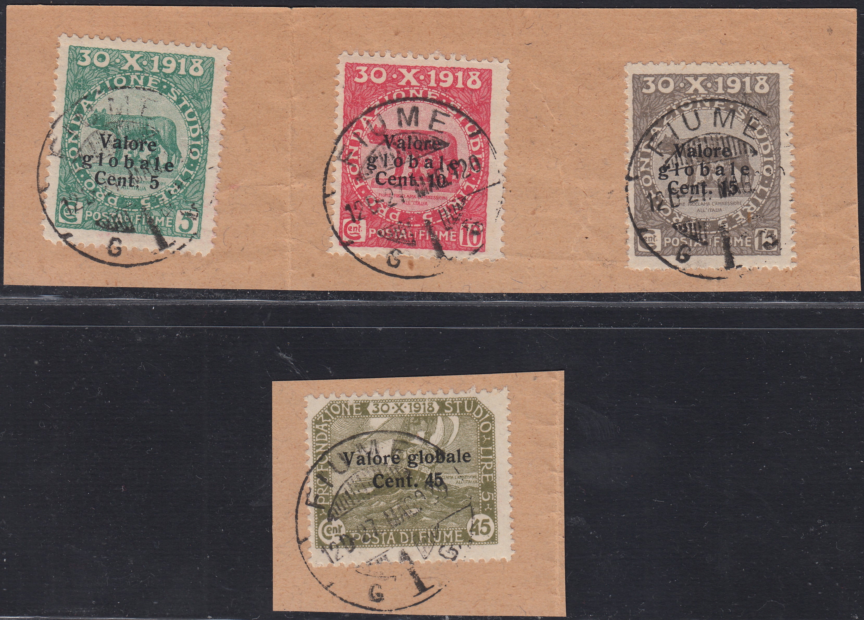Fiume660 - 1920 - Pro Fondazione Studio, serie di tre valori con soprastampa "Valore Globale" modificata + nuovo colore per il c. 15 usati (99/I, 100/I, 101/I, 112)