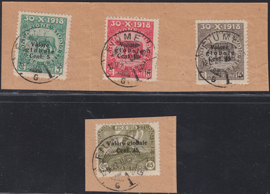 Fiume660 - 1920 - Pro Fondazione Studio, serie di tre valori con soprastampa "Valore Globale" modificata + nuovo colore per il c. 15 usati (99/I, 100/I, 101/I, 112)
