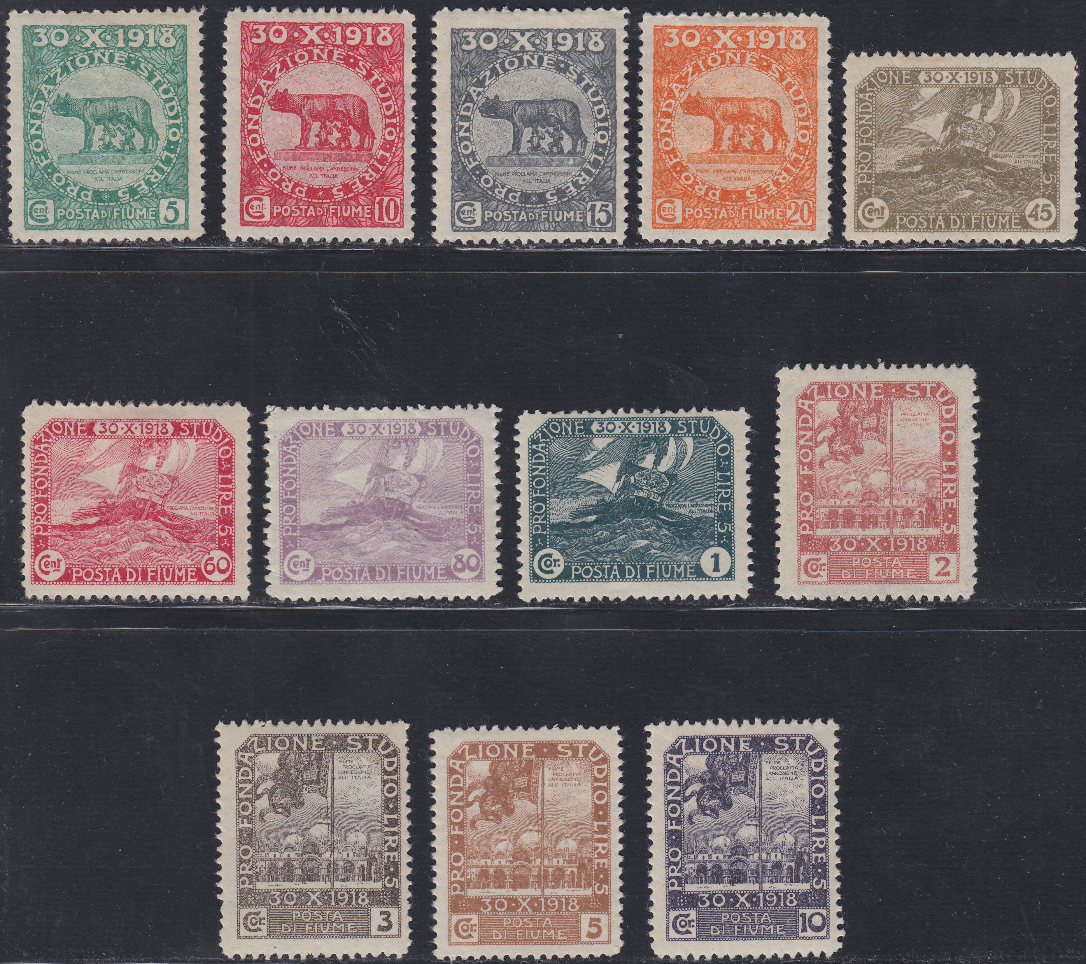 Fiume684 - 1919 - Pro Fondazione Studio, serie completa di 12 valori nuova con gomma originale (62/73)