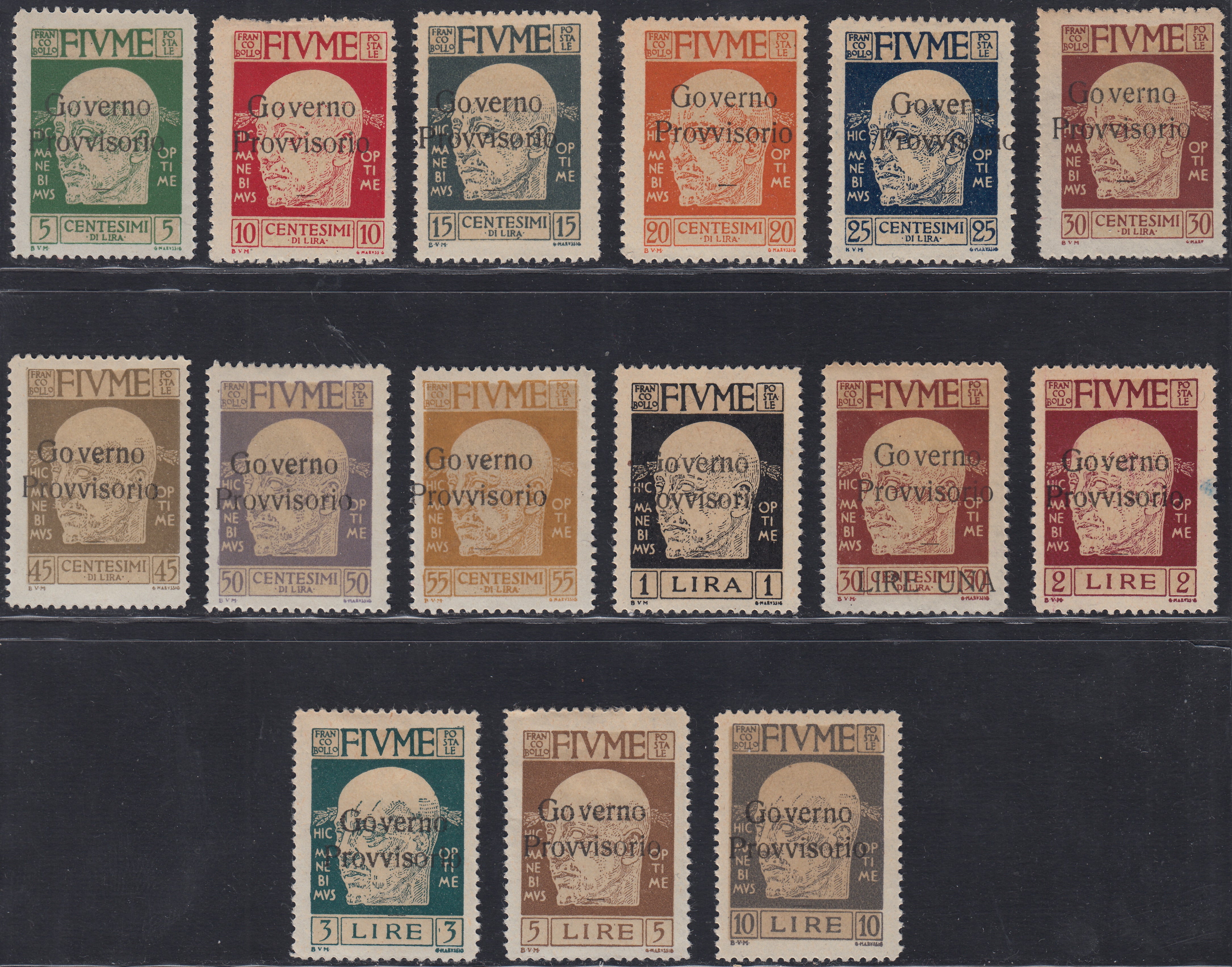 Fiume697 - 1921 - Effigie di Gabriele d'Annunzio, serie di 15 valori sorpastampati "Governo Provvisorio" nuovi con gomma originale (149/163)