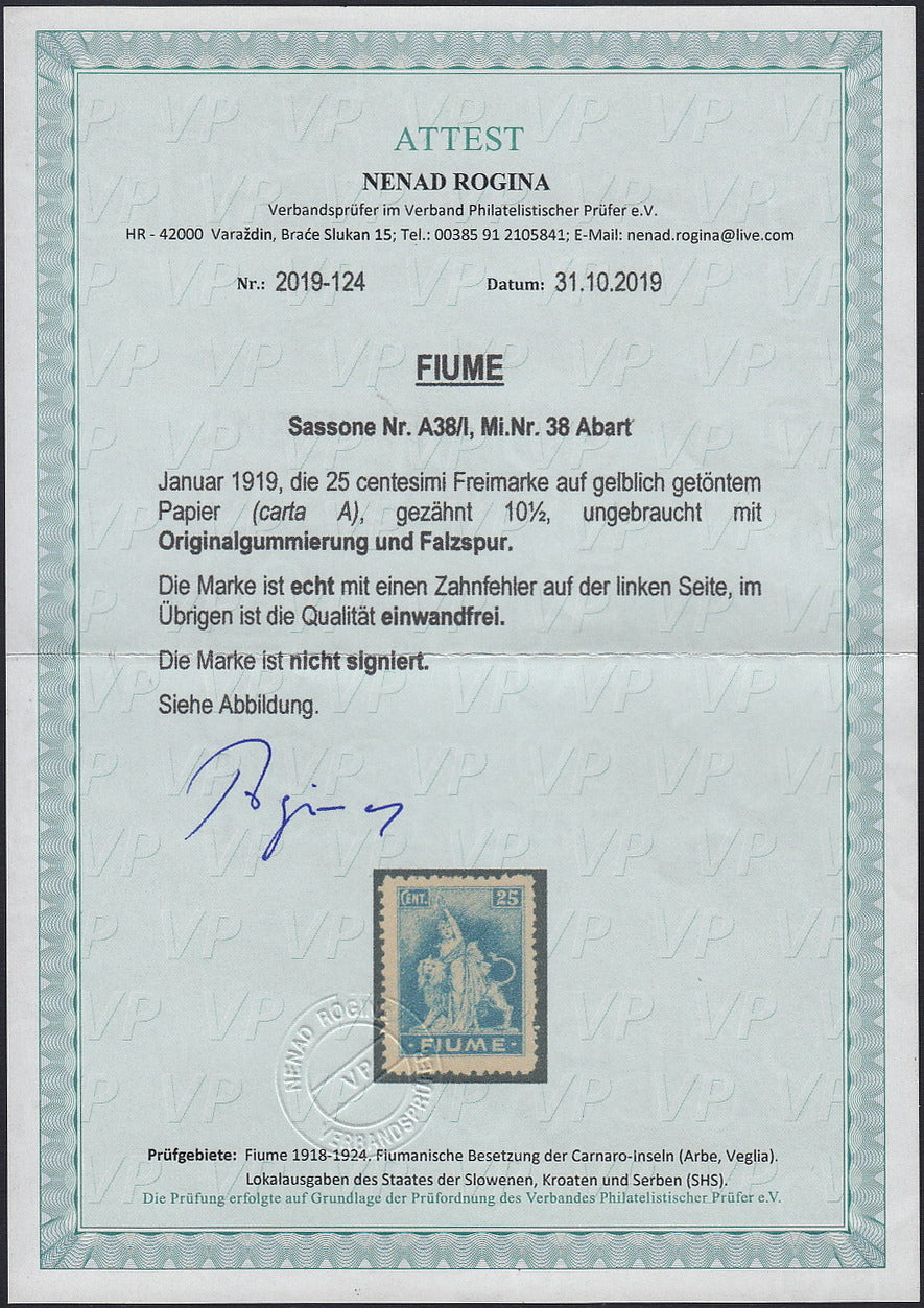 A38/I - 1919 - Allegorie, carta "A", c. 25 azzurro dentellatura 10 1/2 nuovo con gomma originale (A38/I)