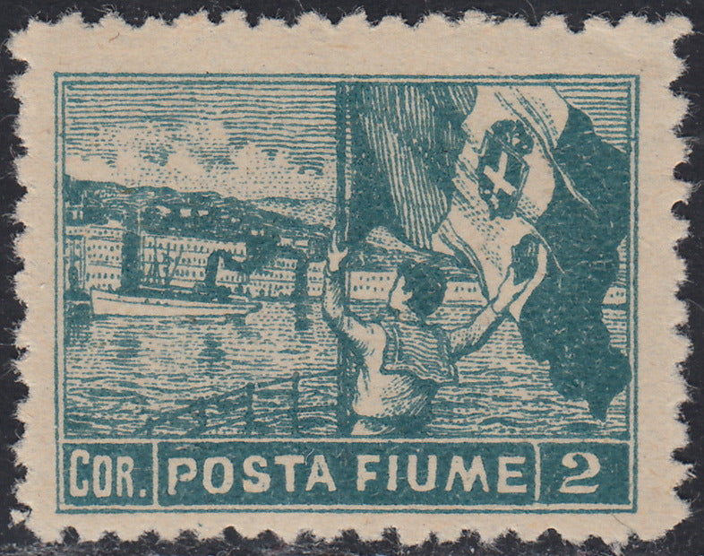 Fiume713 - 1919 - Allegorie, tassello "Posta Fiume", 2 corone azzurro dentellatura 10 1/2 nuovo con gomma integra (59/I)