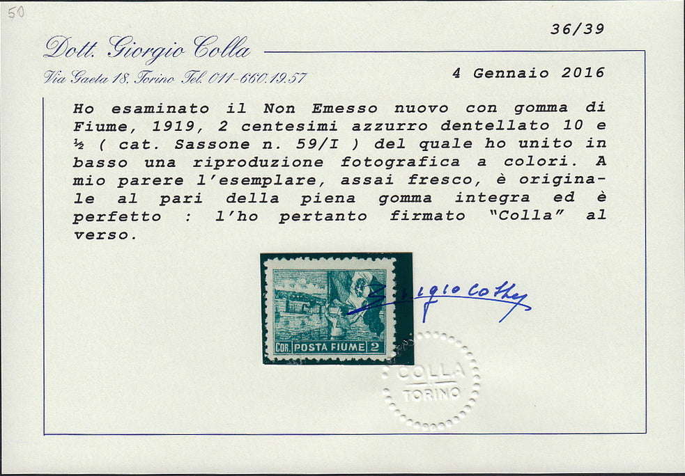 Fiume713 - 1919 - Allegorie, tassello "Posta Fiume", 2 corone azzurro dentellatura 10 1/2 nuovo con gomma integra (59/I)