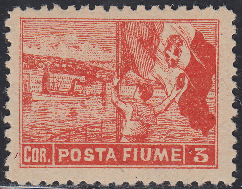Fiume714 - 1919 - Allegorie, tassello "Posta Fiume", 3 corone vermiglio dentellatura 10 1/2 nuovo con gomma integra (60/I)
