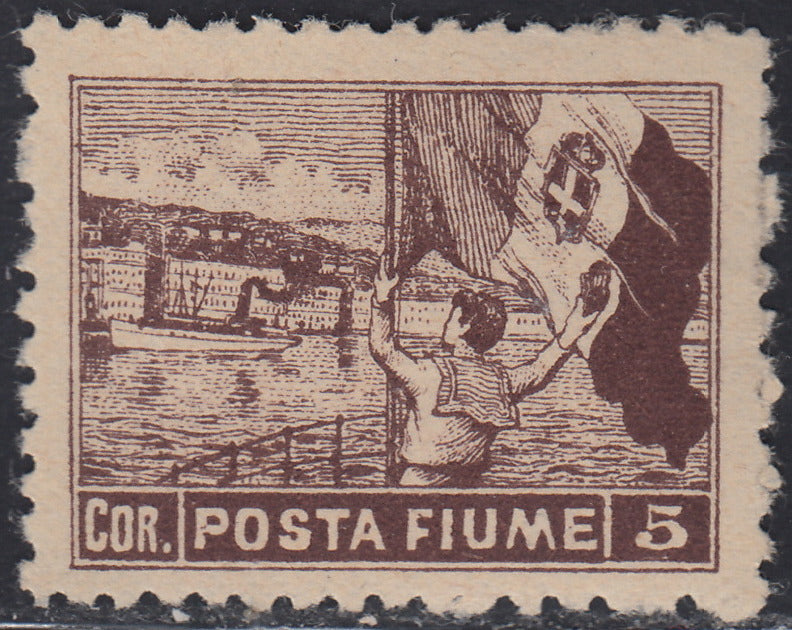 Fiume715 - 1919 - Allegorie, tassello "Posta Fiume", 5 corone bruno dentellatura 10 1/2 nuovo con gomma integra (61/I)