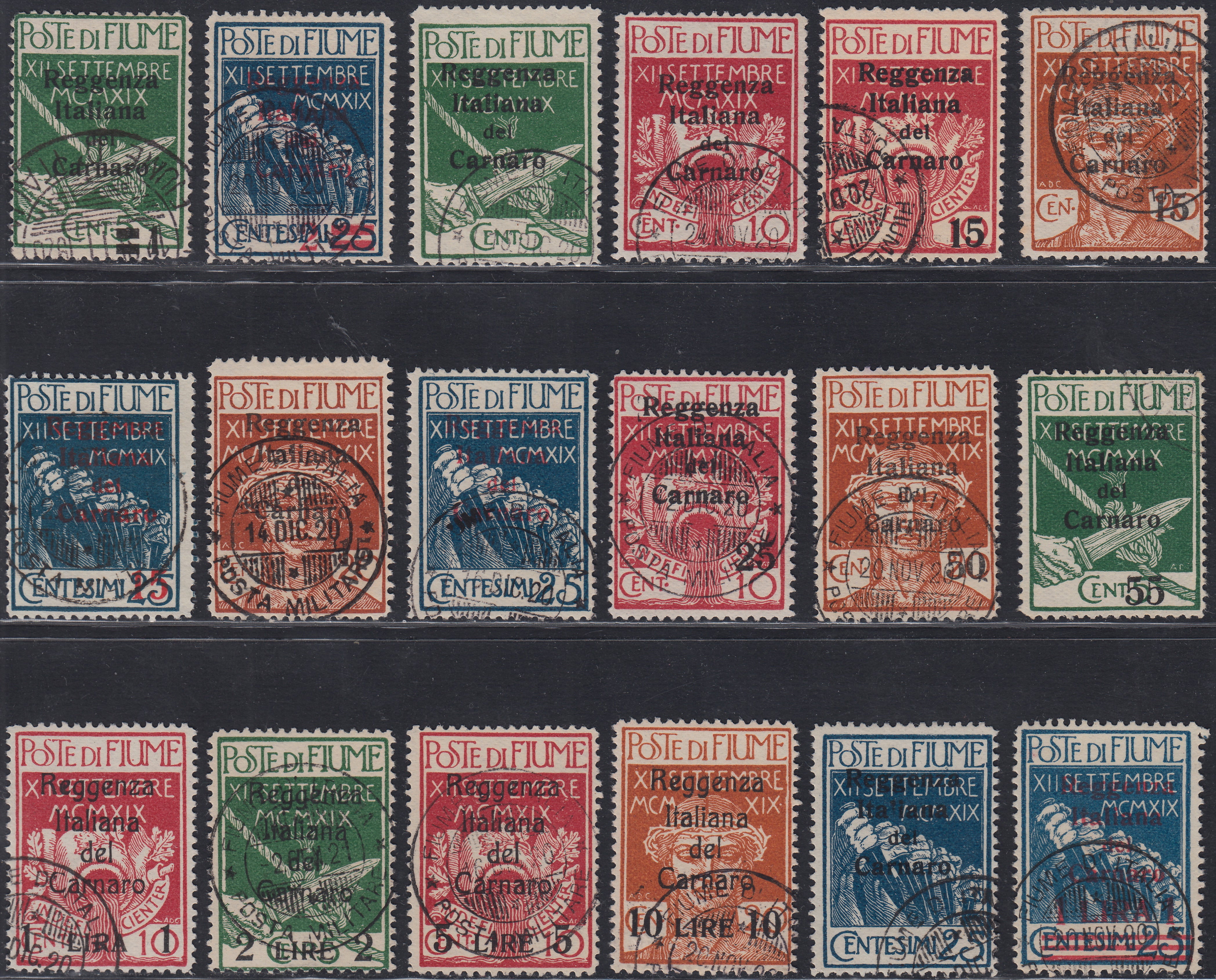Fiume717 - 1920 - Legionari di Fiume soprastampati Reggenza Italiana del Carnaro, serie di 18 valori usati (131/148)